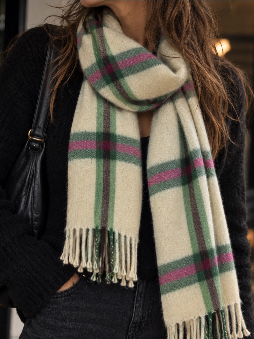 Begg x Co Angora Rabbit Wool 12x64 Beige Plaid Scarf Scotland Cottagecore
